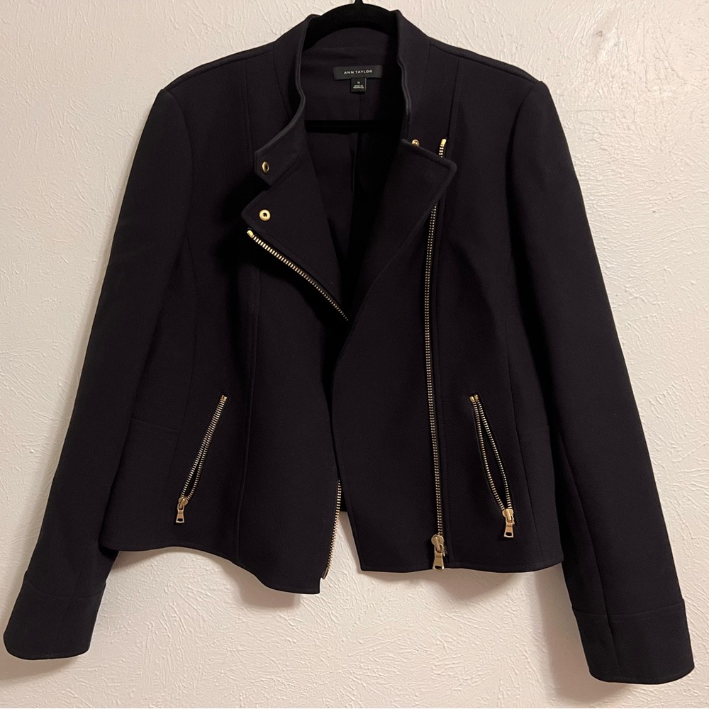 Ann Taylor Black Blazer Moto Biker Dress Jacket with Gold Zippers Size 12